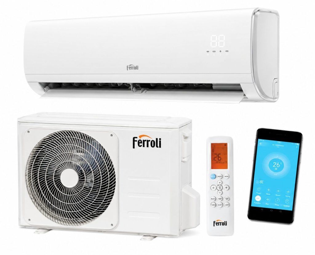 Ferroli Giada luft-til-luft varmepumpe: indedel, udedel, fjernbetjening og app