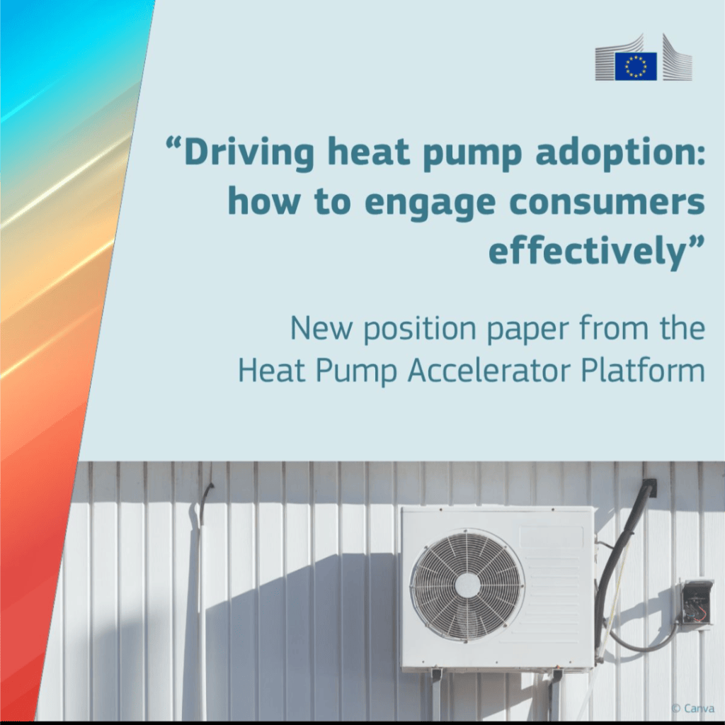 Europa-Kommissionens grafik for positionspapiret “Driving heat pump adoption: how to engage consumers effectively” med en udendørsenhed på en hvid facade